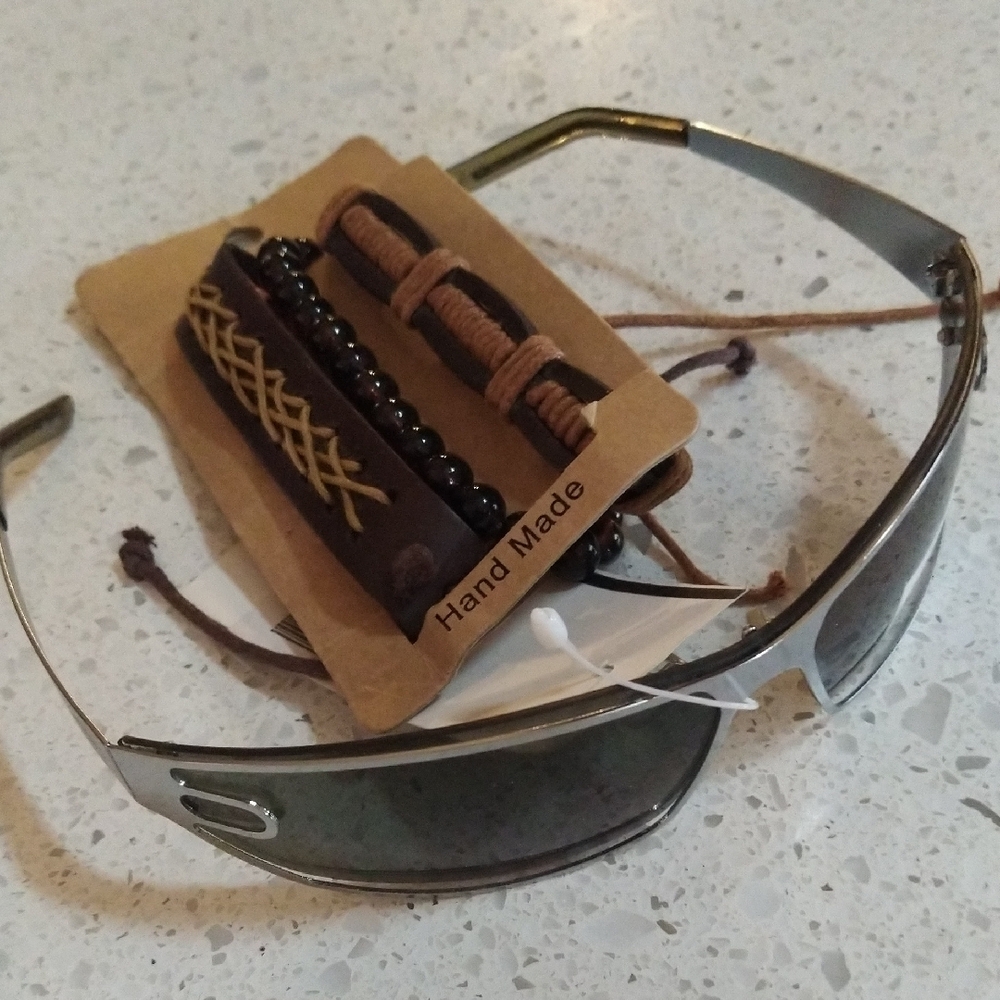 Marc Ecko Vintage Silver Frame Sunglasses 😎 Plus Handmade Punk Bracelet Set.